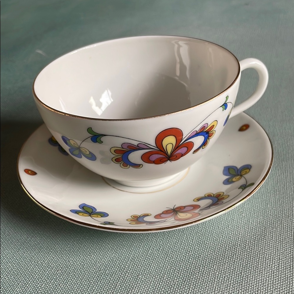 Porsgrund Norway Vintage Farmer’s Rose Teacup with Saucer